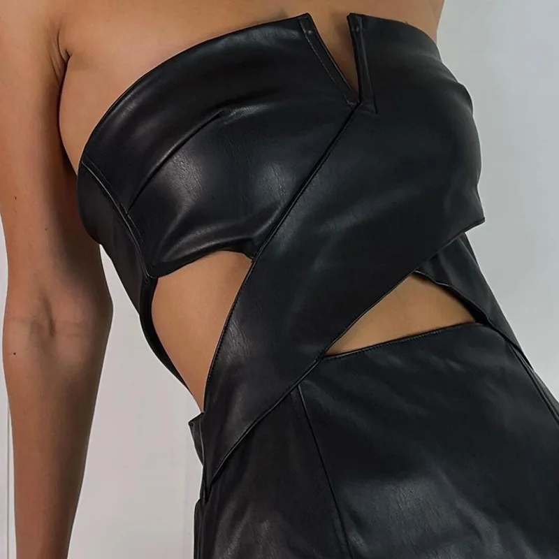

Women's Summer Sexy PU Leather Howllow Out Solid Backless Off Shoulder Irregular Tube Tops