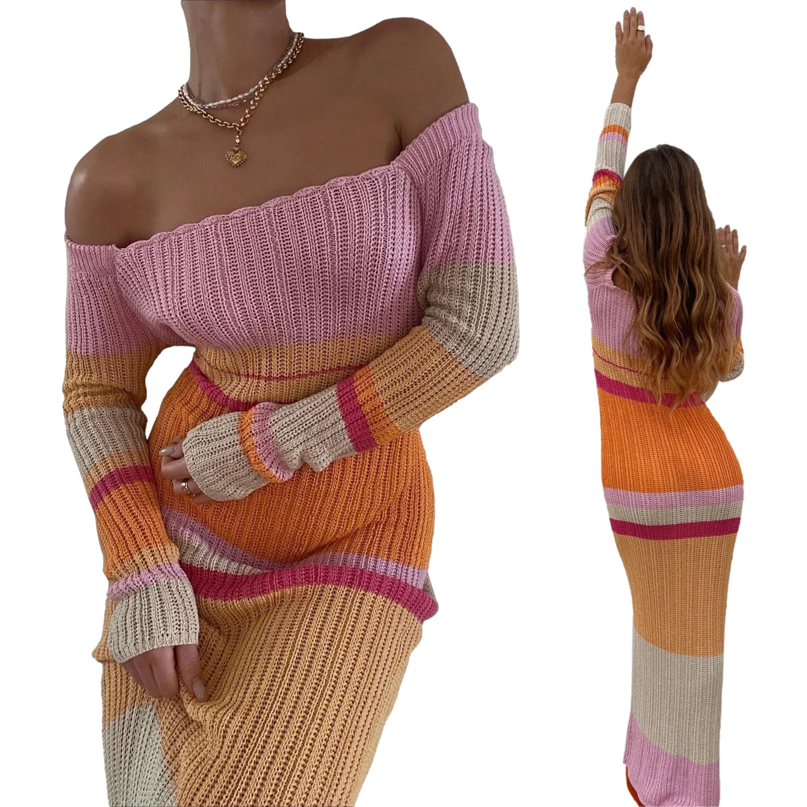 

Ladies Temperament Knitted Long Dress Autumn Women Leisure Style Contrast Color Stripes Off Shoulder Long Sleeve Slim Skirt