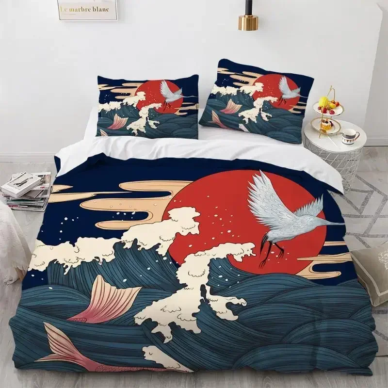 Фото Комплект пододеяльников с волнистым узором Hokusai, японский пододеяльник Ukiyoe, восточный стиль, океанская королева, двойной комплект постельного белья из полиэстера №1