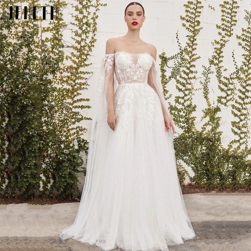 

JEHETH Sexy Off Shoulder Wedding Dress For Bride Illusion Tulle Charming Backless Bridal Gown Delicate Applique vestido de noiva