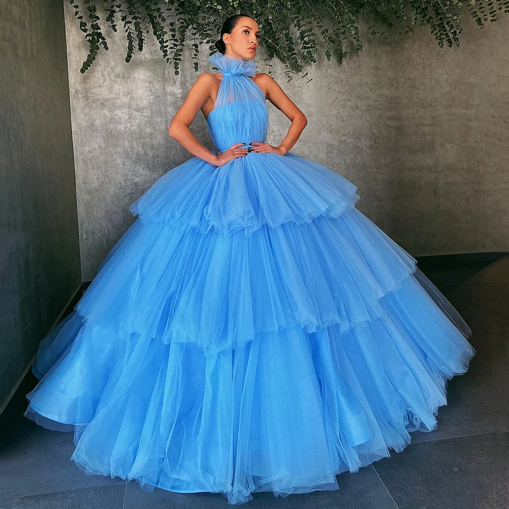 

Yipeisha Halter Ball Gown Blue Quinceanera Dresses Tiered Tulle Masquerade Dress Sweet 15 Years Gown Customized