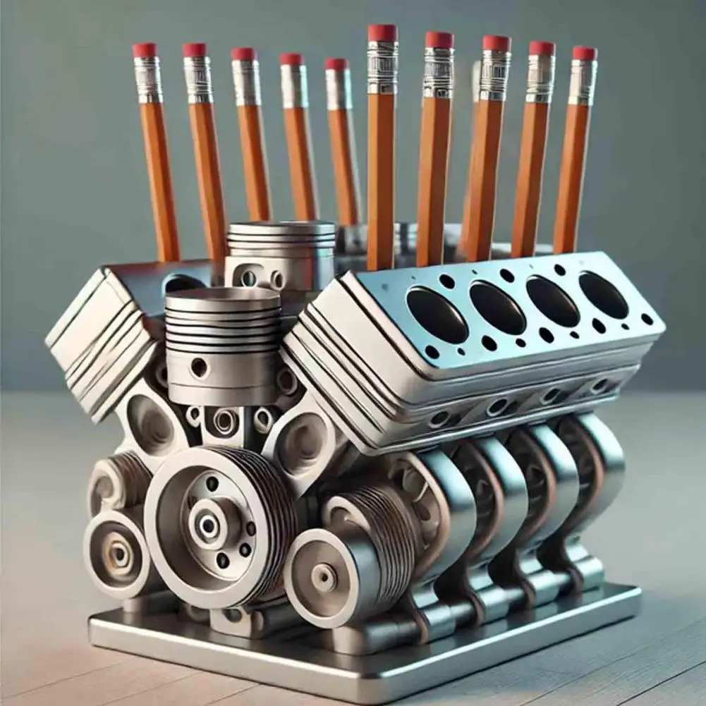Фото Держатель для ручек из смолы V8, держатель для ручек с двигателем автомобиля, уникальный органайзер для канцелярских принадлежностей для домашнего офиса, украшение для рабочего стола с автоматическим двигателем №2
