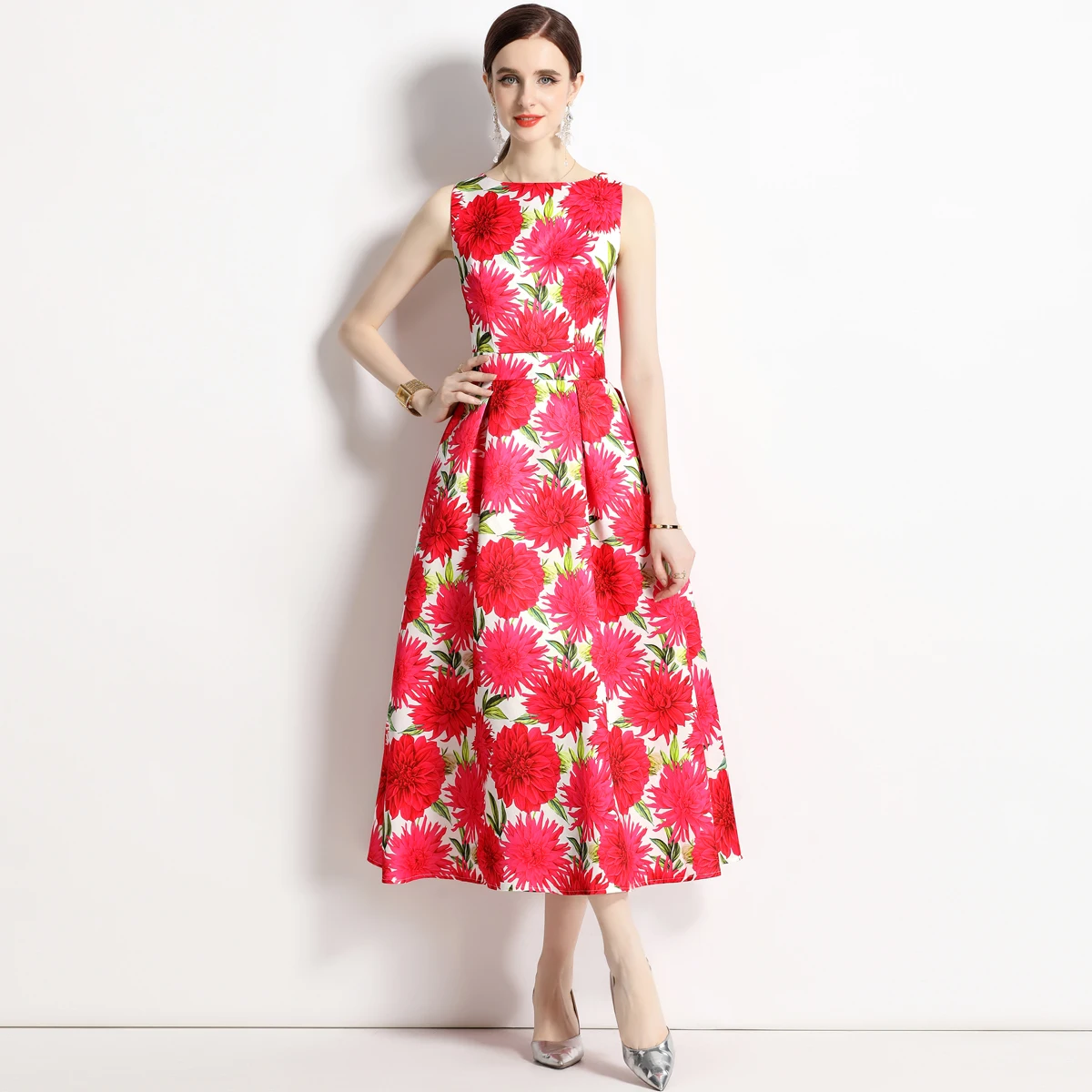 Женское платье-майка средней длины, элегантное облегающее пляжное платье-трапеция с цветочным принтом, круглым вырезом и высокой талией, лето 2023