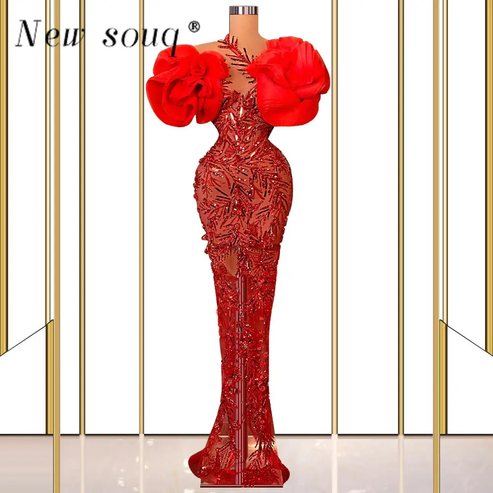 

Женское вечернее платье-русалка, Красное Длинное блестящее платье с оборками и цветами, платье для выпускного вечера