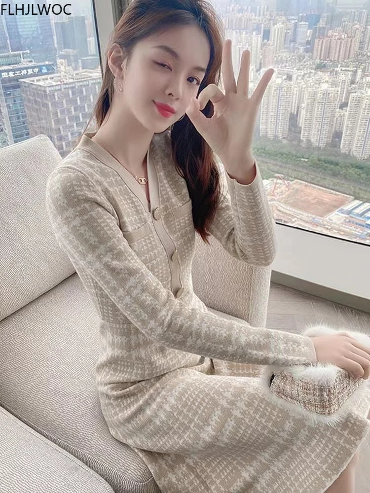 

Stretchy Women Knitted Bodycon Sweater Pullover Dress 2022 Autumn Winter Vestidos Long Sleeve Slim Lady Chic Korean Plaid Dress