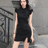 vintage short sleeve sexy bodycon black cheongsam dress women gothic solid streetwear mini dress mall goth female party dresses