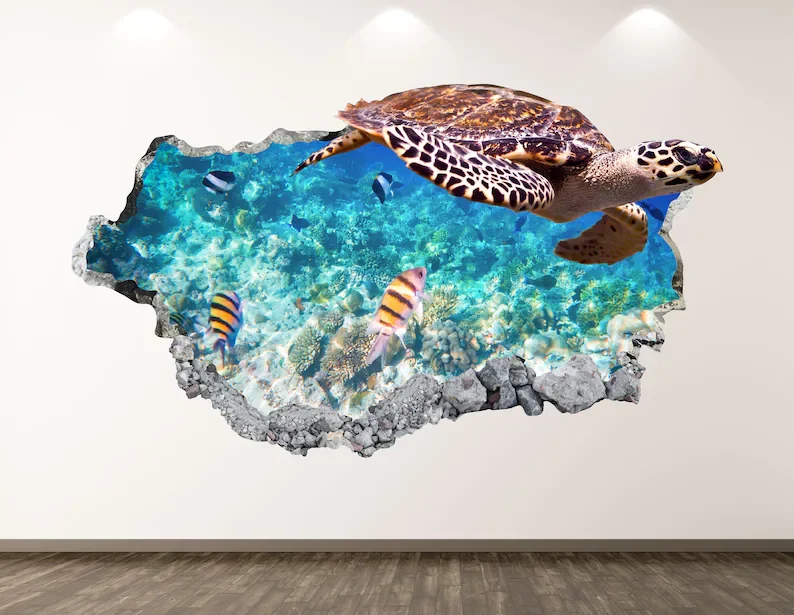 

Turtle Wall Decal - Ocean Animal 3D Smashed Wall Art Sticker Kids Room Decor Vinyl Home Poster Personalized Gift KD292