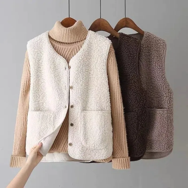 

3xl-6xl Fleece Knit Vest For Women Sleeveless Cardigan Vest Female Street Waistcoat Autumn Lady Jacket Coat Roupas Femininas