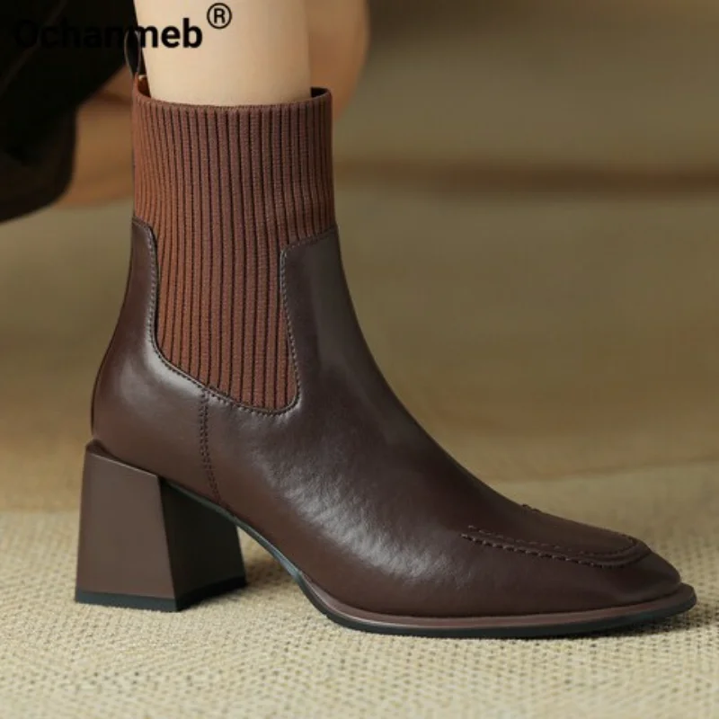 

Ochanmeb 2023 Women's Genuine Leather Chelsea Boots Square Heels Platform Ankle Short Boots Square Toe Shoes Brown Autumn Winter