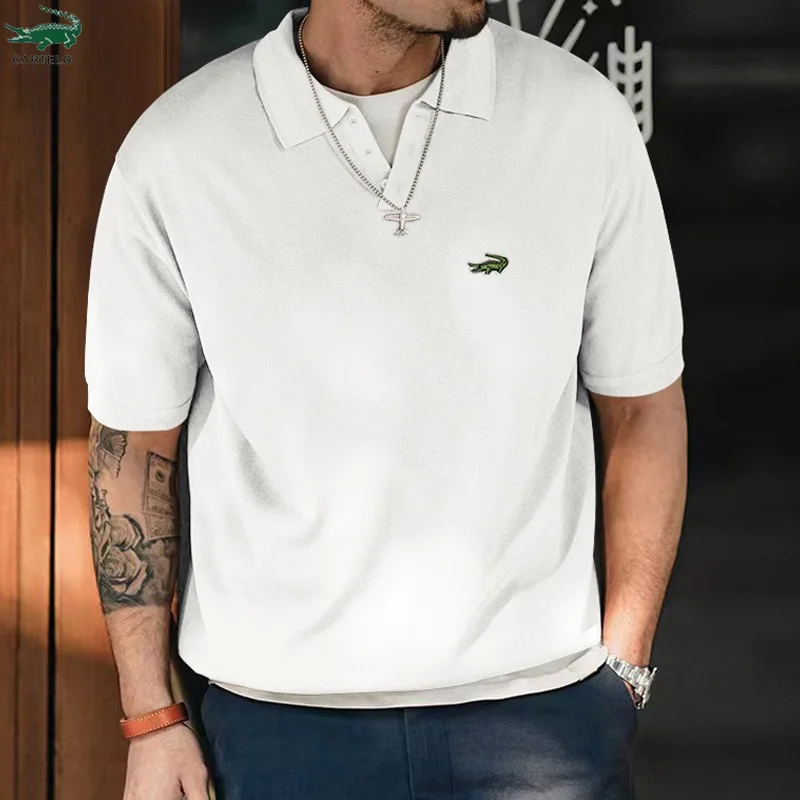 

Cartelo High -end Embroidery Lapel POLOT Shirt Male Loose and Popular Slit Solid Color Casual V -neck Men Polo Short Sleeves
