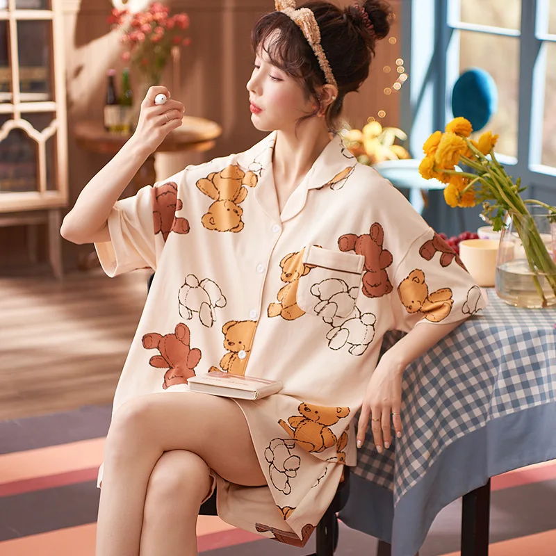 Two-piece Set Women Homewear 2022 New Summer Pajamas Women's Home Clothes Cotton V-neck Sleepwear Lovely Nightwear Pijama Mujer