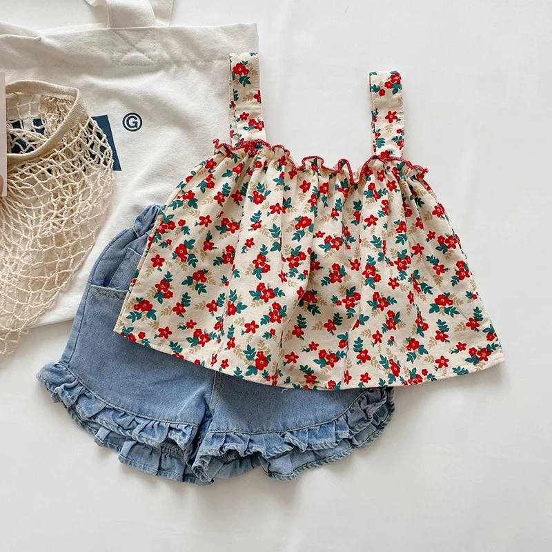 

Girls Outfit Sets New Summer Kids Casual Clothing For Girls Fragmented Suspender Skirt+Shorts 2Pcs Children's Baby Girl Clothing