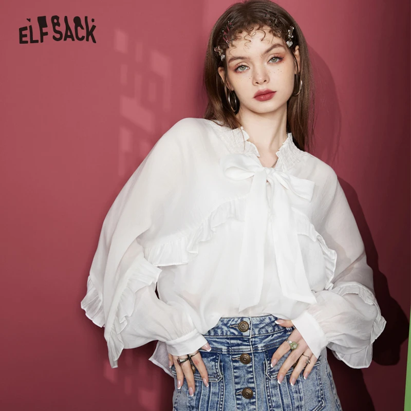 ELFSACK White French Ruffled Chiffon Blouses Women 2023 Spring Long Sleeve Basic Tops