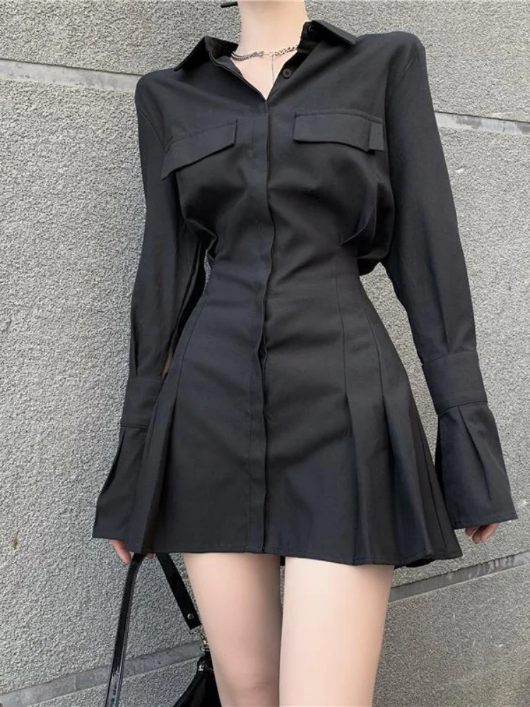

Женское платье-рубашка с отложным воротником, черное элегантное винтажное плиссированное платье с длинным рукавом в готическом стиле, повс...