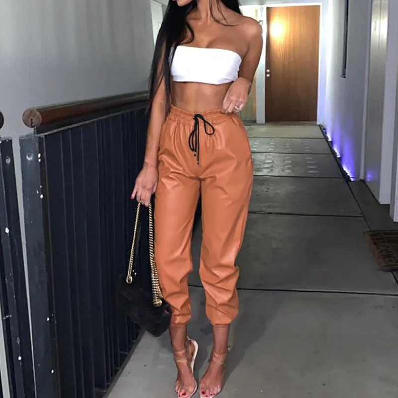 

Fashion Lady Elastic Waist PU Leather Pencil Pants Women Drawstring Sweatpants Cool Trousers with Pockets Oversized Solid Pants