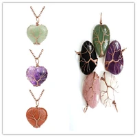 heart shaped healing crystals stones necklace natural chakra rose quartz obsidian wire wrapped neck pendants for women jewelry