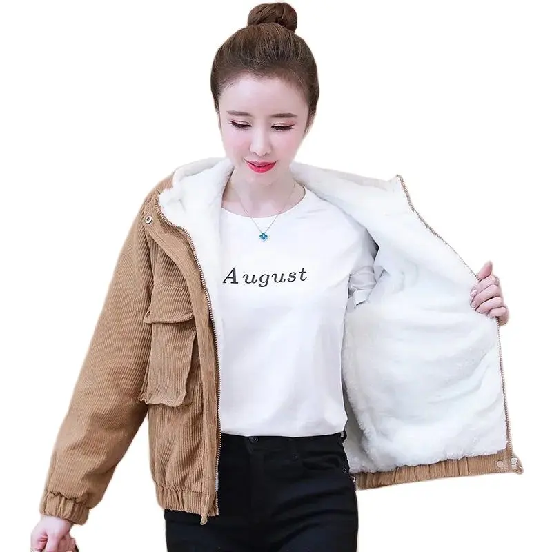 

Embroidered Corduroy Thick Fleece Cotton Coat 2022 New Autumn Winter Women's Short Jacket Letter Pocket Loose Korean Fashion Top