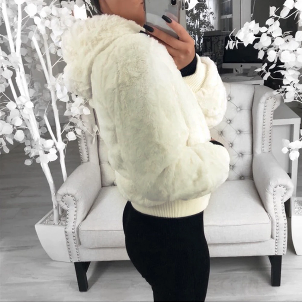 

2021 New Faux Fur Women Coat Fake Rabbit Fur Coats With Hood High Waist Fashion Slim Black Red Pink Faux Fur Jacket