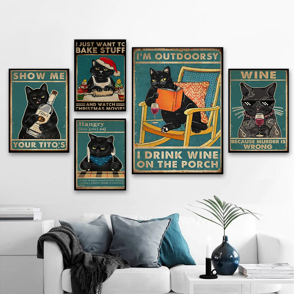 

Funny Cat Posters and Prints Vintage Canvas Painting Abstract Wall Art Pictures for Living Room Kitchen Wine Cuadros Home Decor