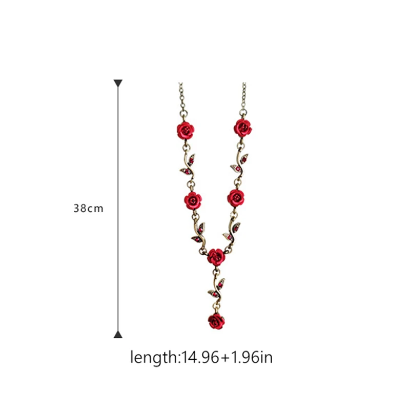 Vintage Red Rose Flower Necklaces for Women Medieval Gothic Rose Floral Tassel Necklace Flower Clavicle Chain Necklace Jewelry