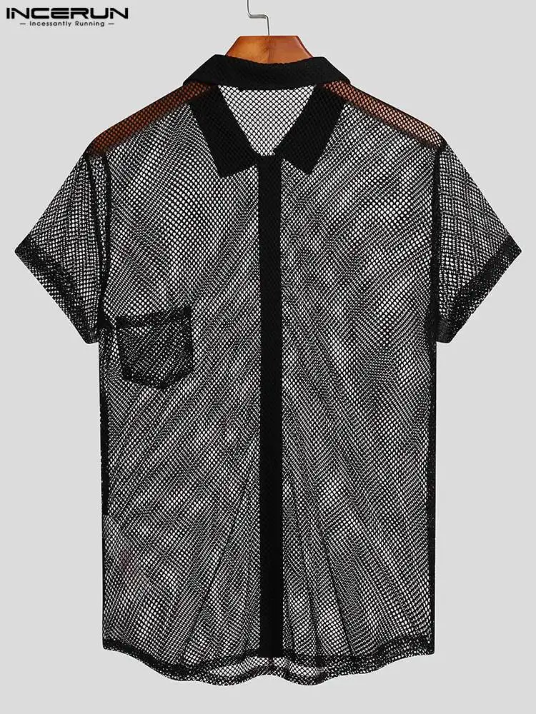 Fashion All-match New Men Tops INCERUN Casual Simple Short Sleeve Shirts Male Sexy Comfortable Mesh Breathable Thin Blouse S-5XL