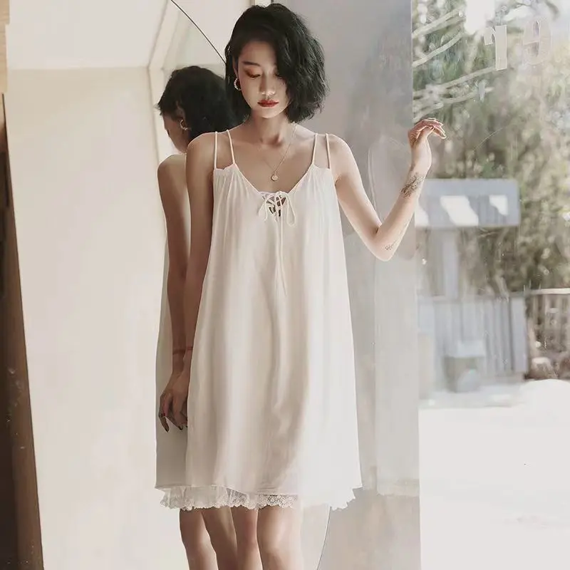

Женские ночные рубашки, летняя женская одежда для сна без рукавов, до колена, на бретельках, свободная пикантная мягкая женская ночная рубашка, одежда Hw38