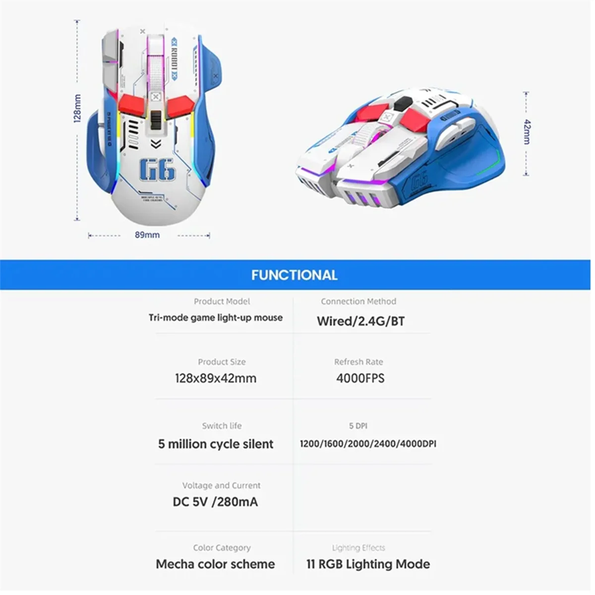 Фото Беспроводная игровая мышь G6, 3 режима, 4000 DPI, 11 RGB подсветки, перезаряжаемая Бесшумная компьютерная игровая мышь, белая №3