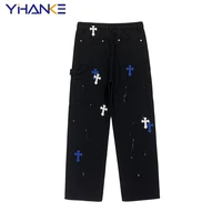 yihanke harajuku high street casual sweatpants cross print straight pants loose wide leg casual pants fashion street menswear