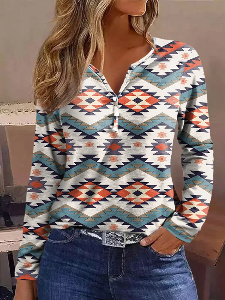 

Fashion Aztec Geometric Graphic T Shirts Western Style Long Sleeve Top Henley Shirts Chic V Neck Blouse Streetwear y2k Fall