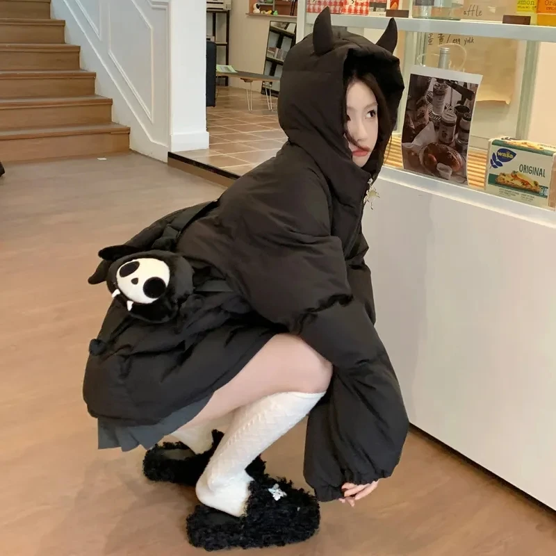 Зимние Утепленные парки для мужчин и женщин пуховик с дьявольским рогом хвостом