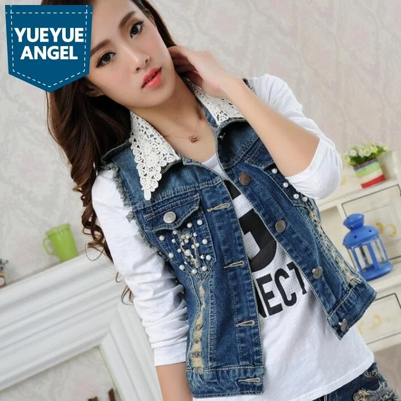 

Hot Sale Korean Embroidered Flares Womens Denim Sleeveless Vests Slim Lace Collar Hole Ripped Female Single Breasted Waistcoats