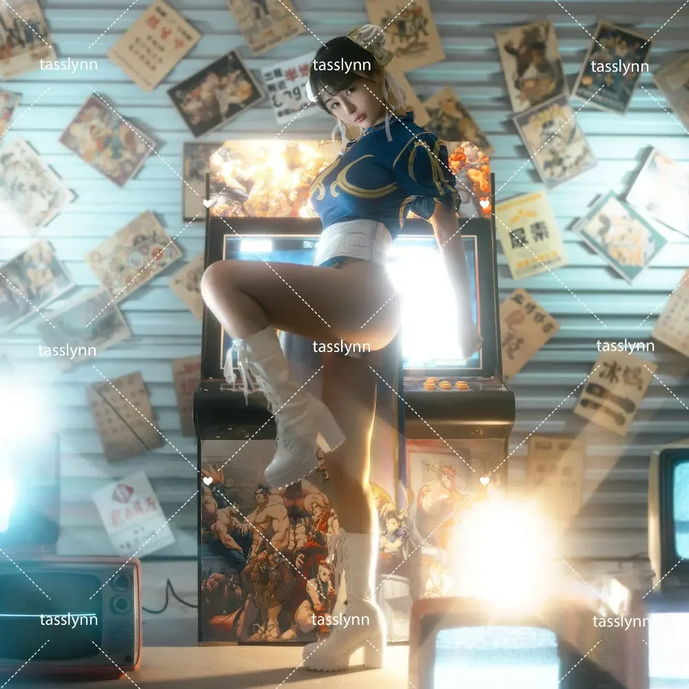 Игры костюмы для косплея Чунь ли Хэллоуина женское платье-Ципао синего цвета