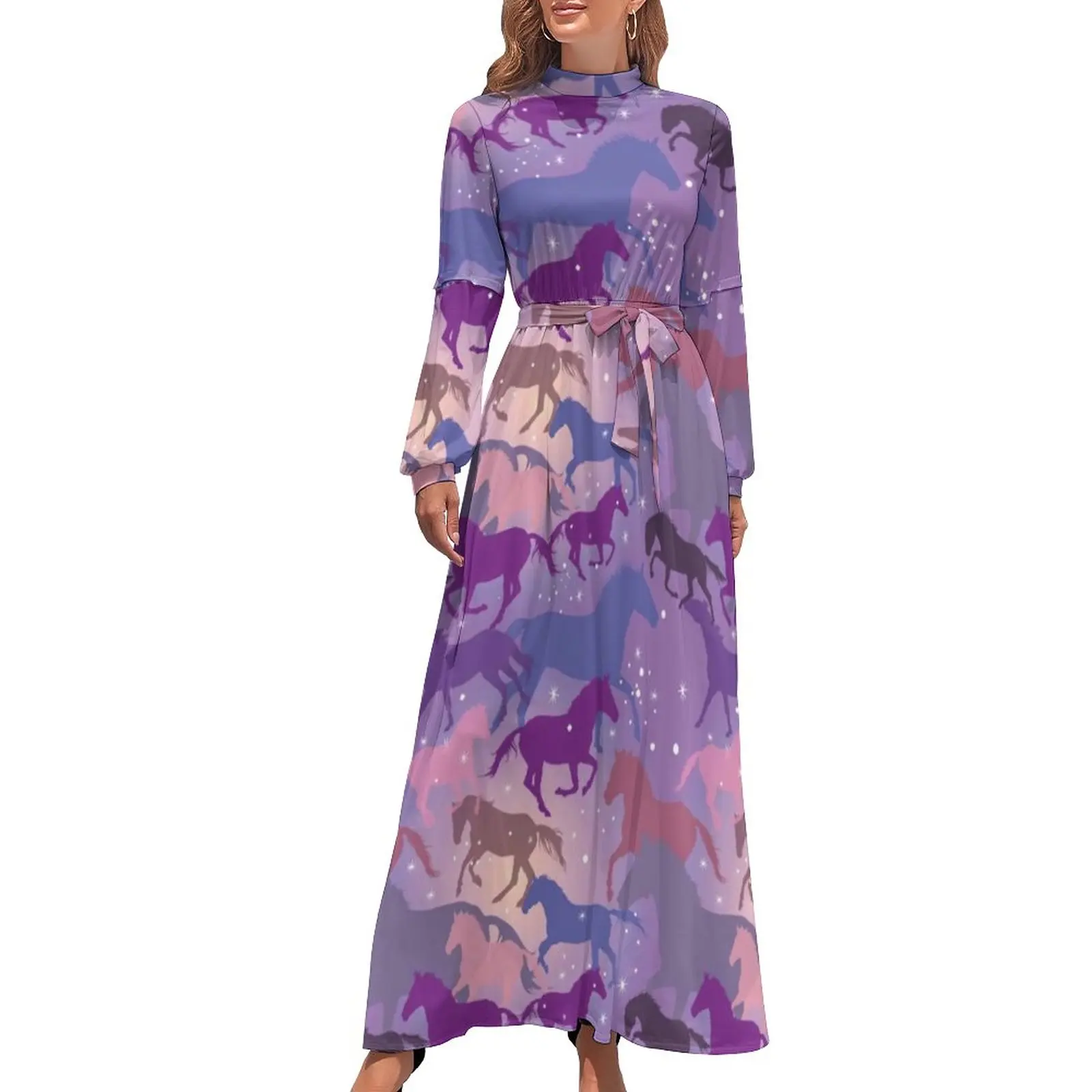 

Flare Horse Dress Wild Horses Riding On Purple Pattern Sexy Design Maxi Dress High Neck Street Fashion Boho Beach Long Dresses