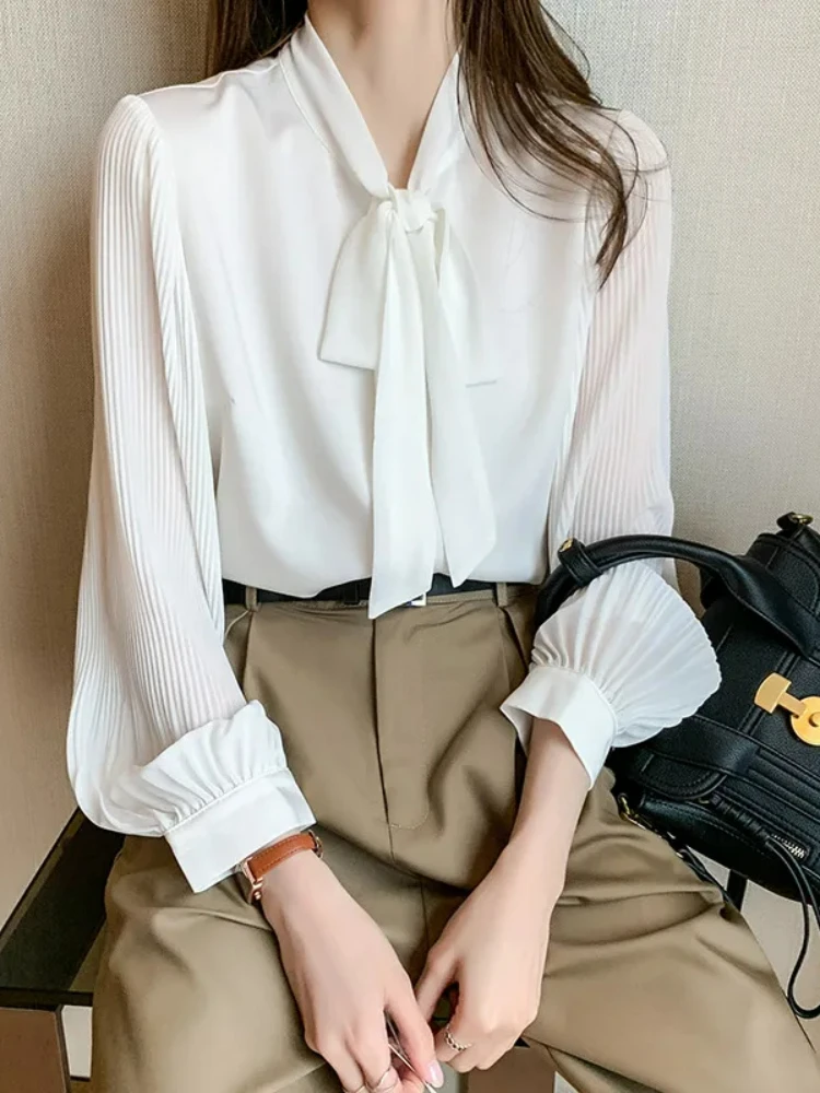 

Style Collar Shirt Top Blouse Ribbon White Women's New Professional Chiffon Bowknot Spring Sleeve Women Autumn Long Loose