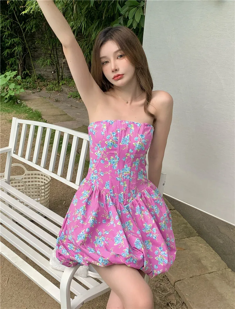 

Sexy Summer Slash Neck Strapless Puffy Dress Sleeveless Floral Print Little Ball Gown Puff Sleeve Slim Waist Chic Mini Dress