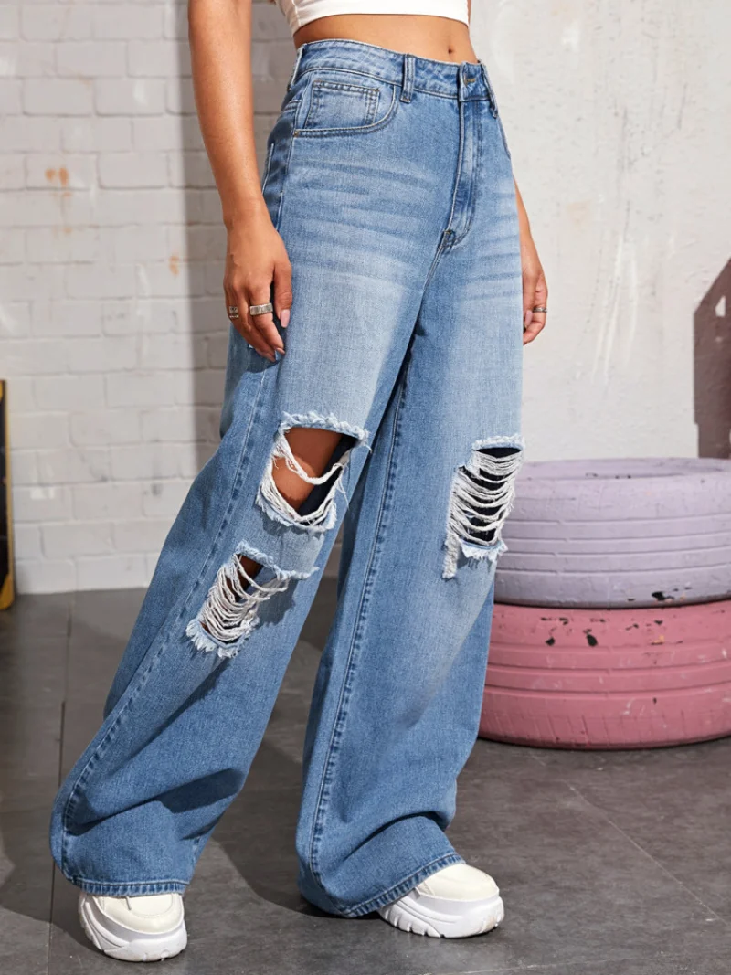 Denim High Waist Perforated Wash Fashion Jeans Women's Fashion Split Wide Leg Pants Women's Cotton Denim Loose Relaxed Mom Jeans