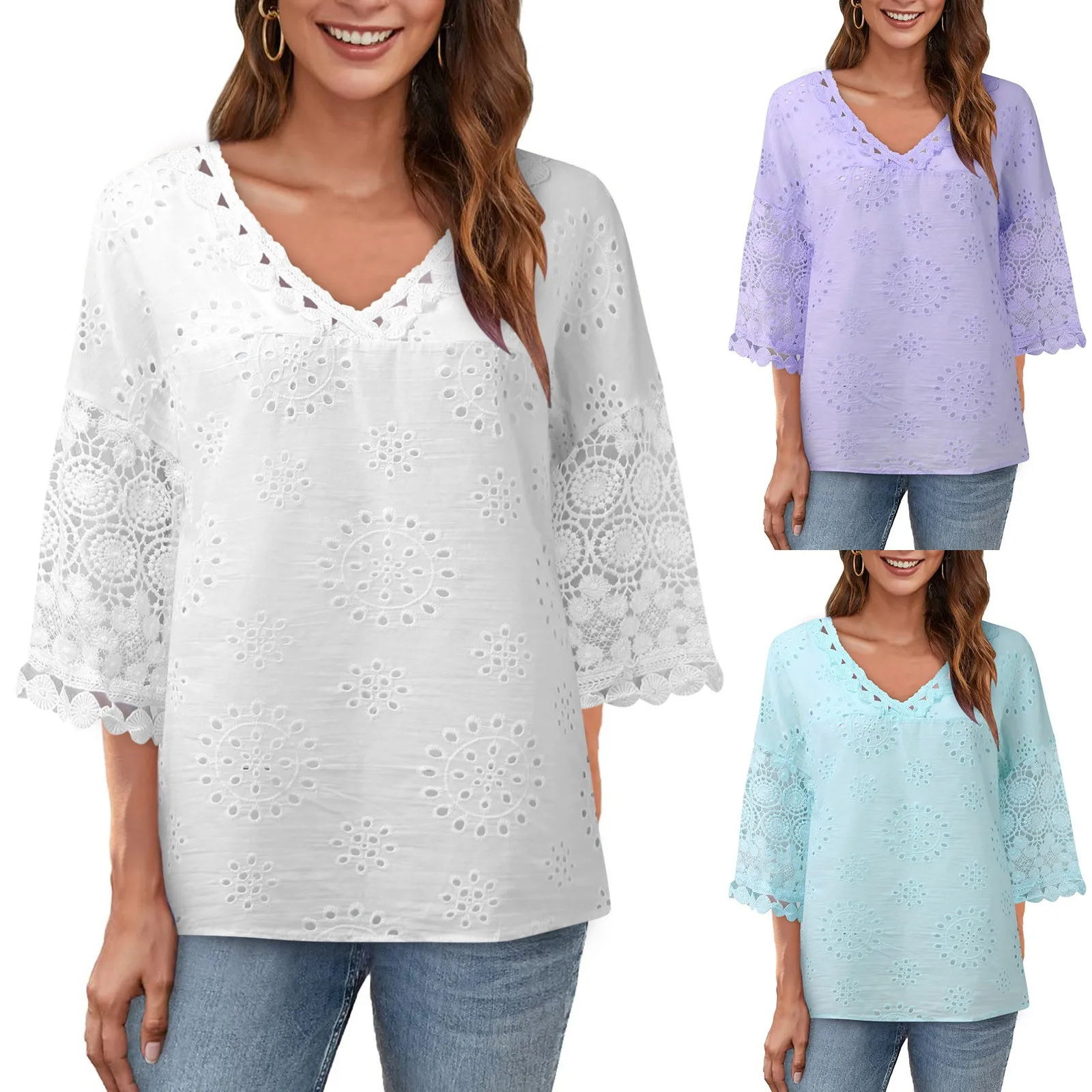 

Fashion Lace Cutout Blouse Shirt Casual Sexy Loose V-neck Tops Casual Summer Ladies Female Women 3/4 Sleeve Blusas Pullovers