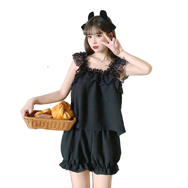 Pajamas Women's Summer New Bubble Cotton Lace Korean Version Sexy Sling Two-piece Set Home Clothes