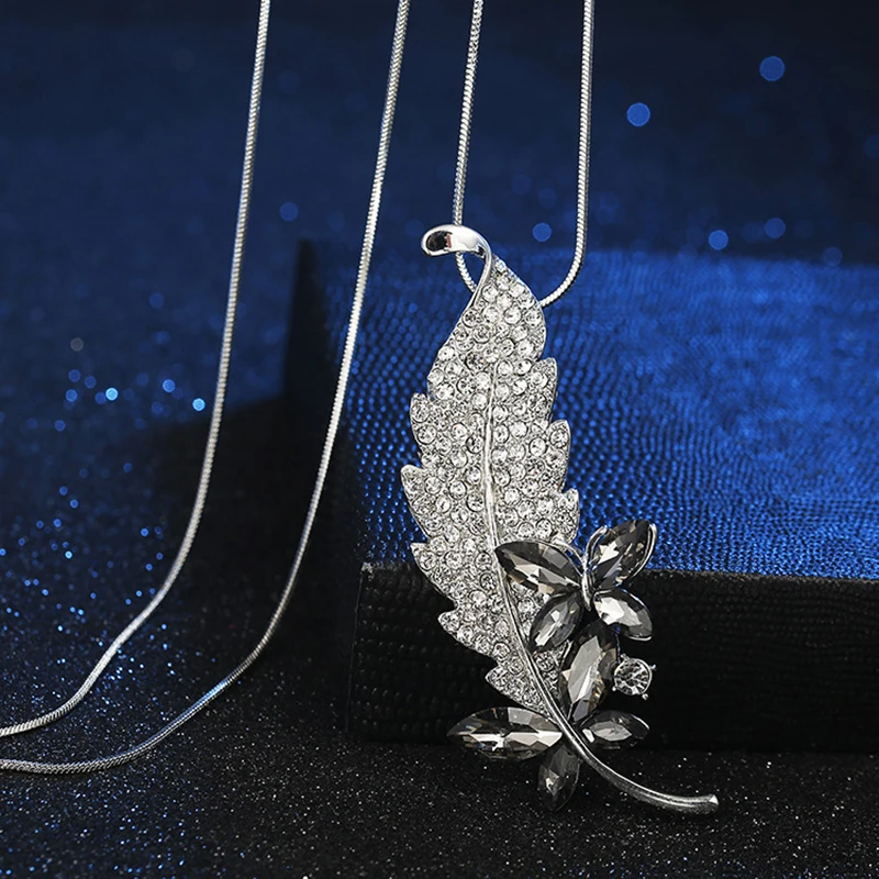

LEEKER Vintage Leaves Pendants Female necklace Blue Grey Cubic Zirconia Long Necklaces For Women Silver Color Jewelry 007 LK6