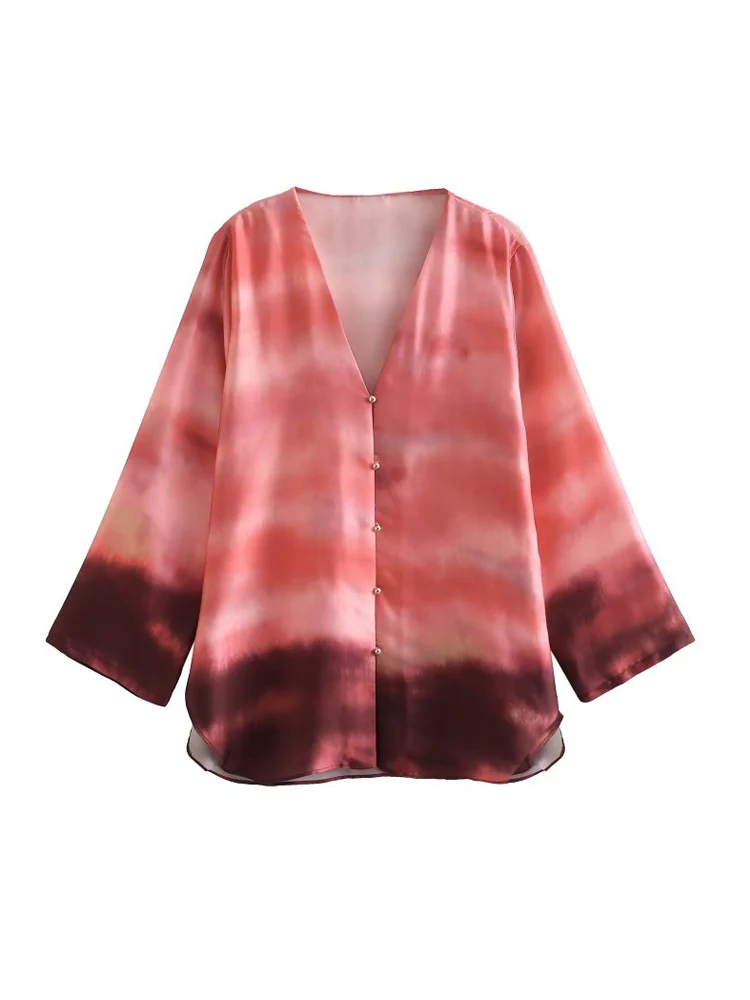 

Kumsvag 2023 Women Summer Satin Shirts Blouses Tops Vintage Tie-dye V-Neck Loose Female Elegant Street Top Clothing