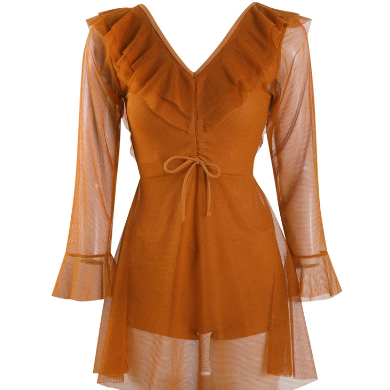 Женский сплошной купальник с открытой спиной длинным рукавом глубоким V-образным