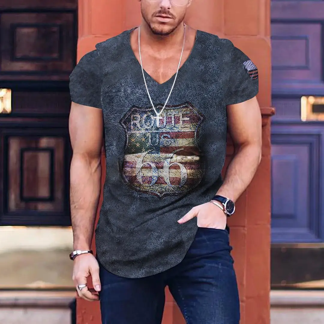 

Trend New Men's V-neck T-shirt Retro Summer Goth 66th Avenue Flag Short Sleeve Tees Street Vintage Casual Oversized Tops Clothes