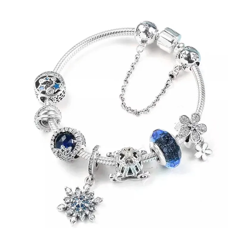 

Blue Starry Sky Snowflakes Bracelet Fit Pandora DIY S925 Silver Chain Beads Original Jewelry Handmade Accessories Wholesale