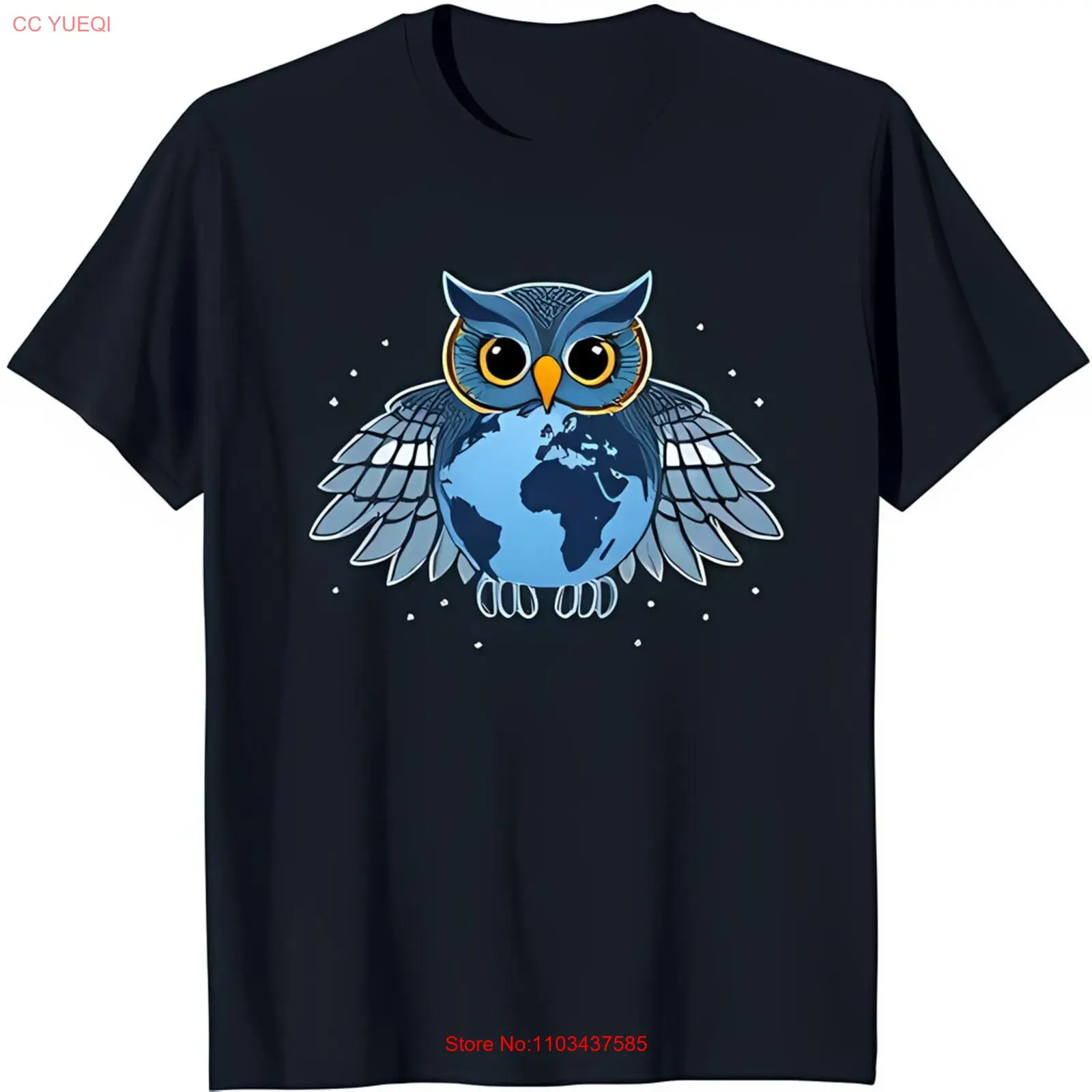 Черная футболка с синей мультяшной совой желтыми глазами и землей в виде