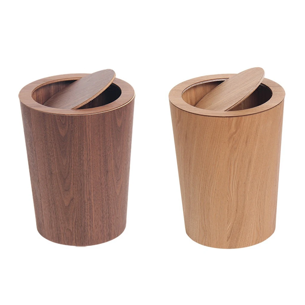 

Garbage Can Wood Office Dormitory Living Room Bathroom Toilet Trash Rubbish Bin Waste Paper Wastebasket with Rolling Cover