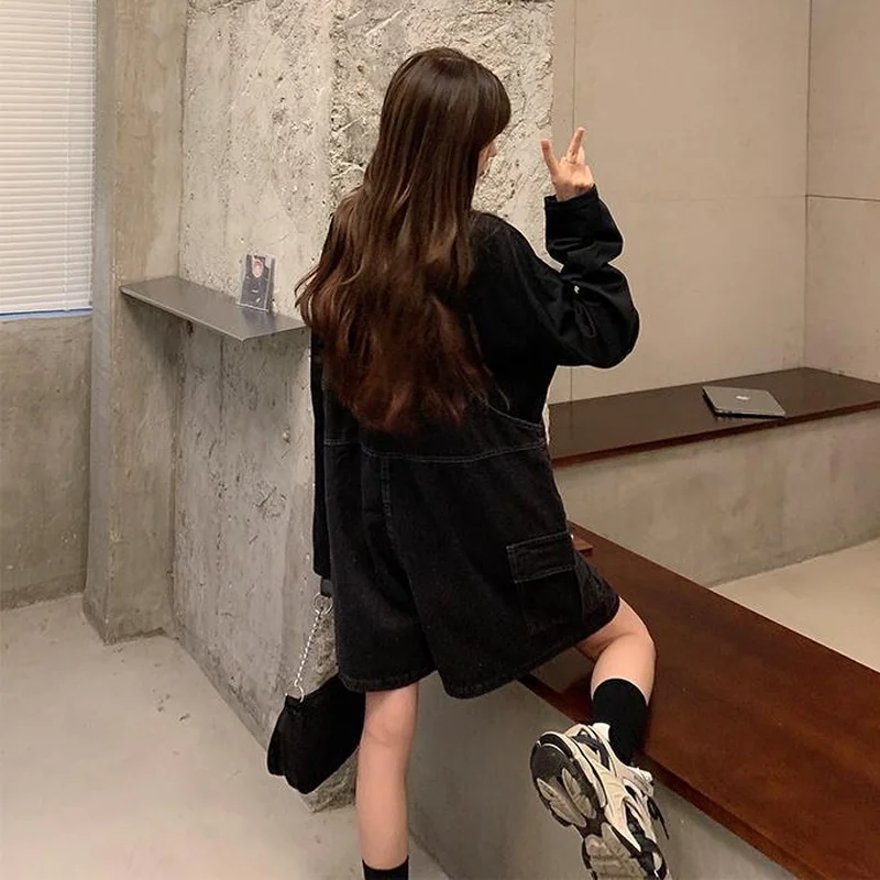 F GIRLS  Solid Playsuits Women Denim Black Pockets Loose Korean Style All-match Casual Streetwear Trendy College Female Popular