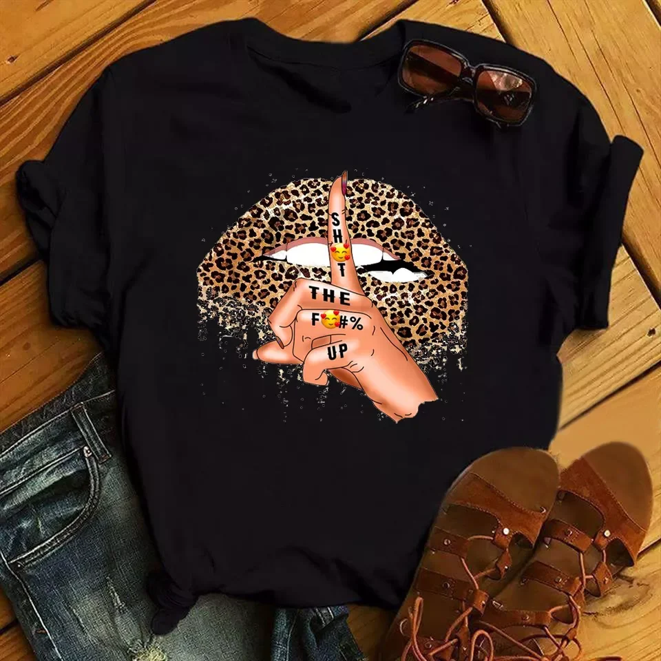 

2022NEW Fashion Leopard Lips Printed T Shirt Women Summer Short Sleeve Lips T-shirt White Tees Shirt Harajuku Korean Street Tops