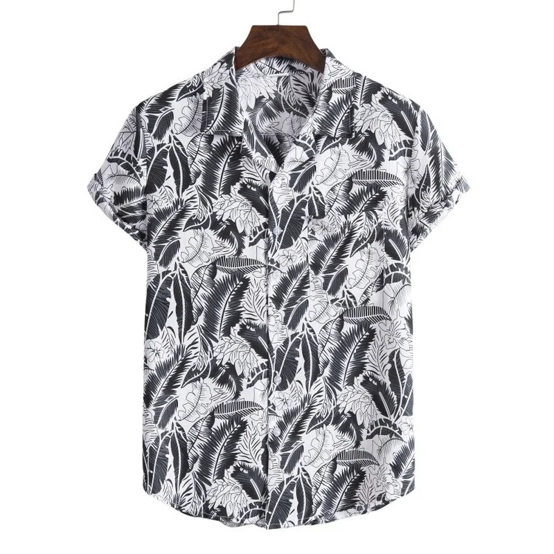 Short Sleeve Hawaiian Shirt Cuban Collar Casual Shirt with Full Leaf Print Mens Hawaiian Shirts Chemise Hawaiienne Homme