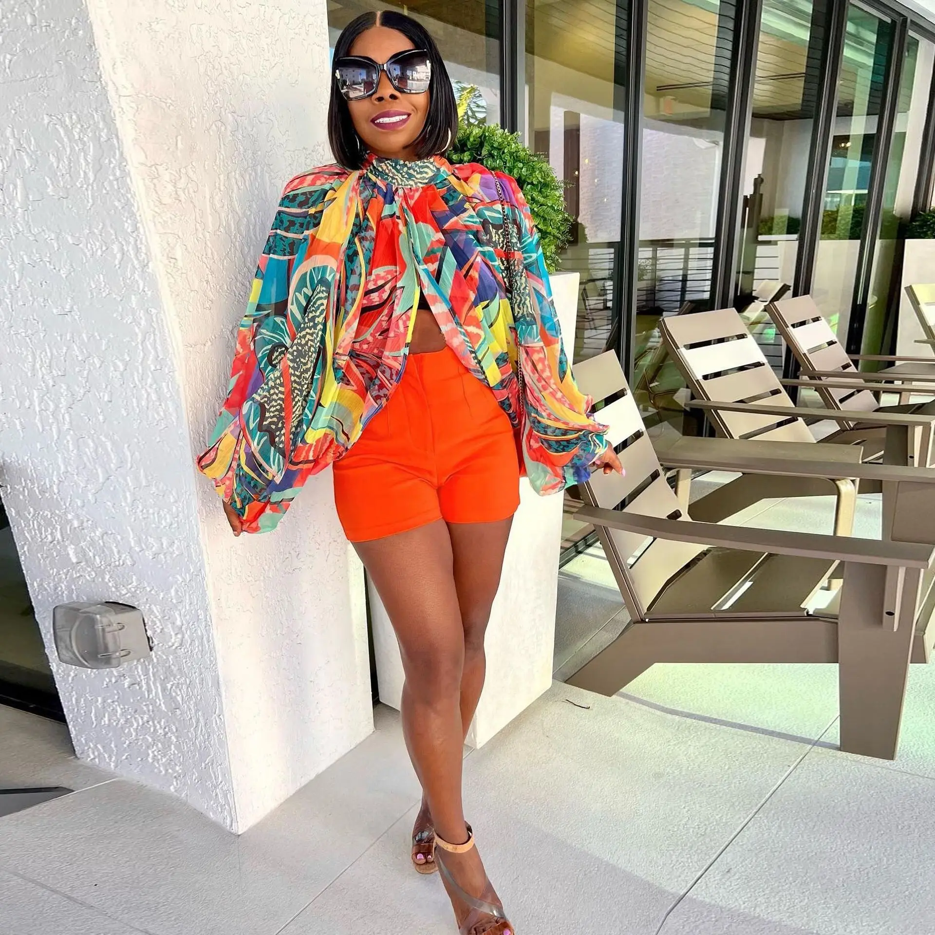 

Dashiki African Women 2023 Sexy Two Piece Suits Printed Strap Halter Hollow Out Long Sleeve Top Short Pants Set Nightclub