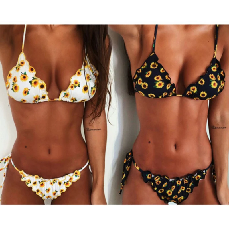 

Sunflower Printed Bikini Set Sexy Swimwear Women 2022 Mujer Push Up Padded Biquini Bathers Bandage Bathing Suit Swimsuit Bikini